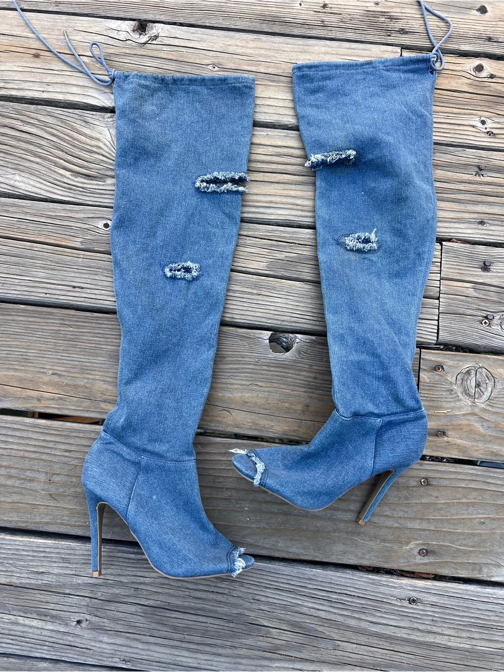 Wild Diva Blue Distressed Over-the-Knee Peep-Toe Stiletto Boots